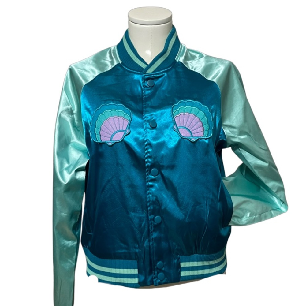 IRON FIST Mermaid For Life teal & aqua embroidered satin bomber jacket NWT - Picture 9 of 9